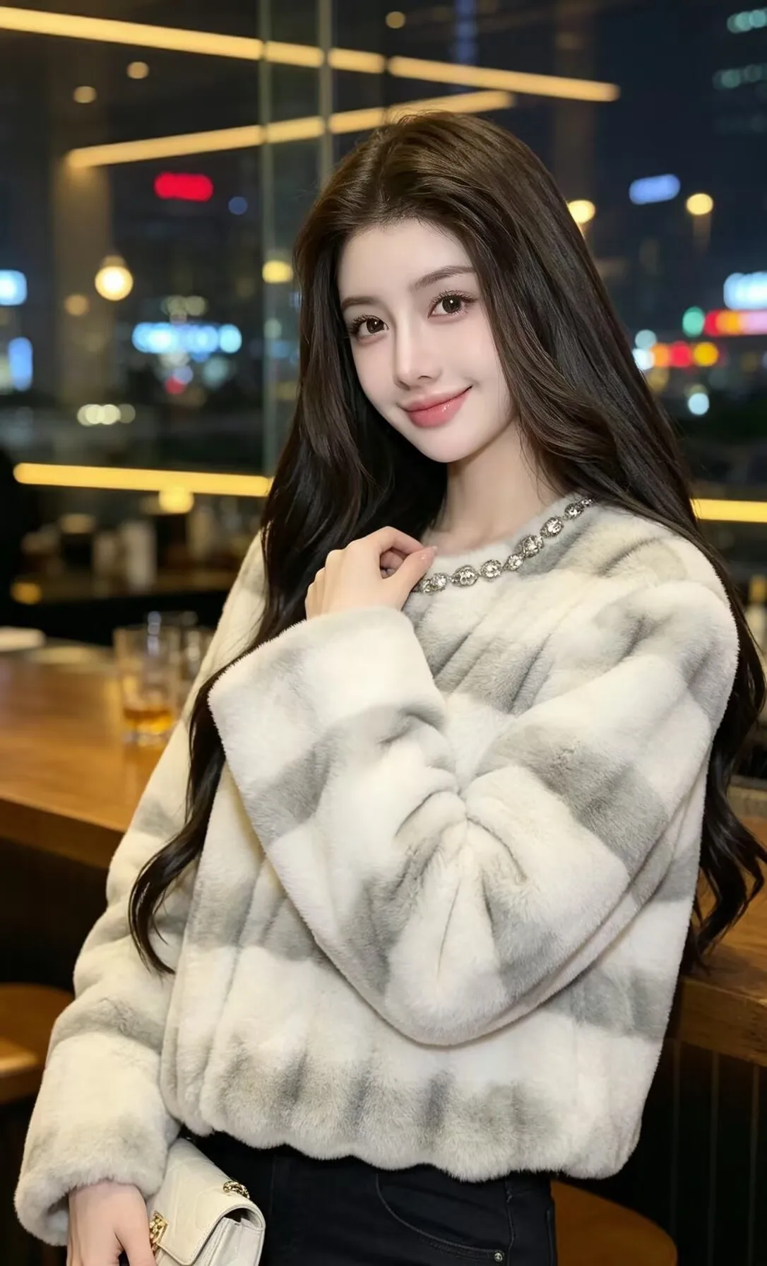 SMTHMA Faux Fur Coat Women Jacket Luxury Diamond O-Neck Coat Women Winter Soft Jacket Thick Warm Furry Fur Outwear Faux Fur Coat