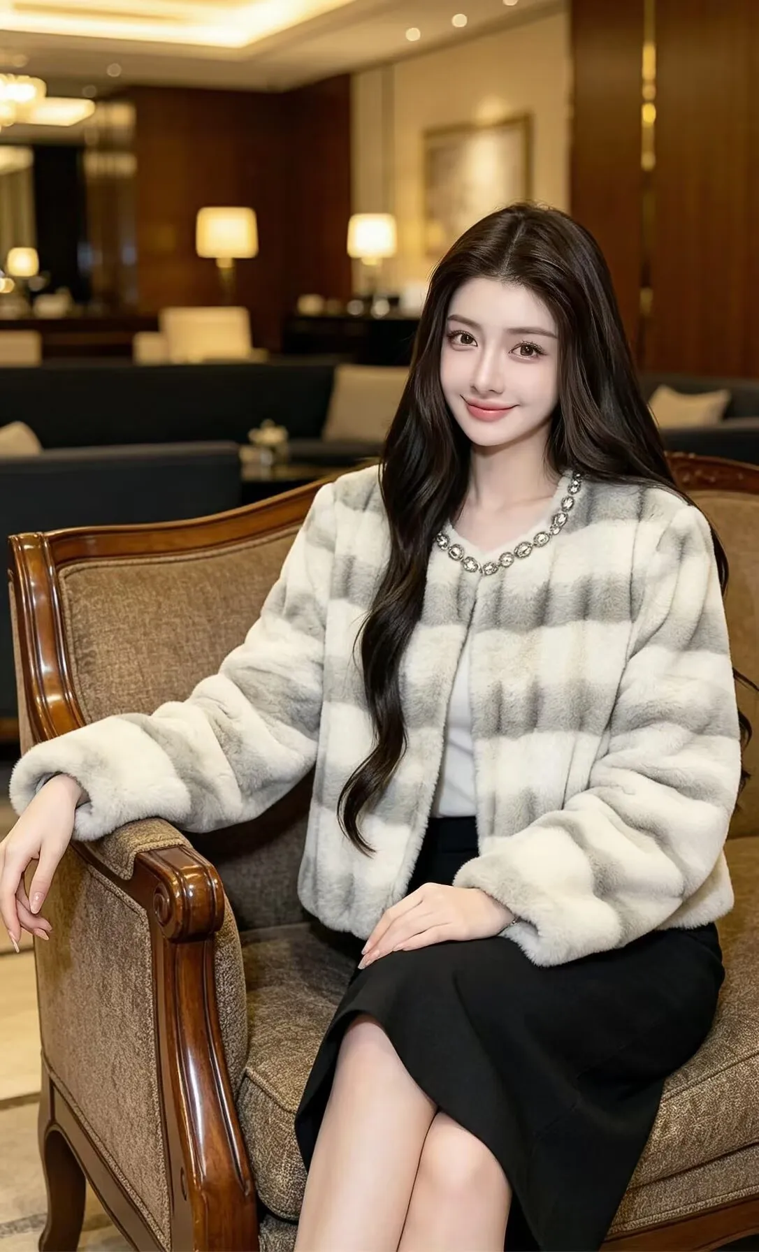 SMTHMA Faux Fur Coat Women Jacket Luxury Diamond O-Neck Coat Women Winter Soft Jacket Thick Warm Furry Fur Outwear Faux Fur Coat