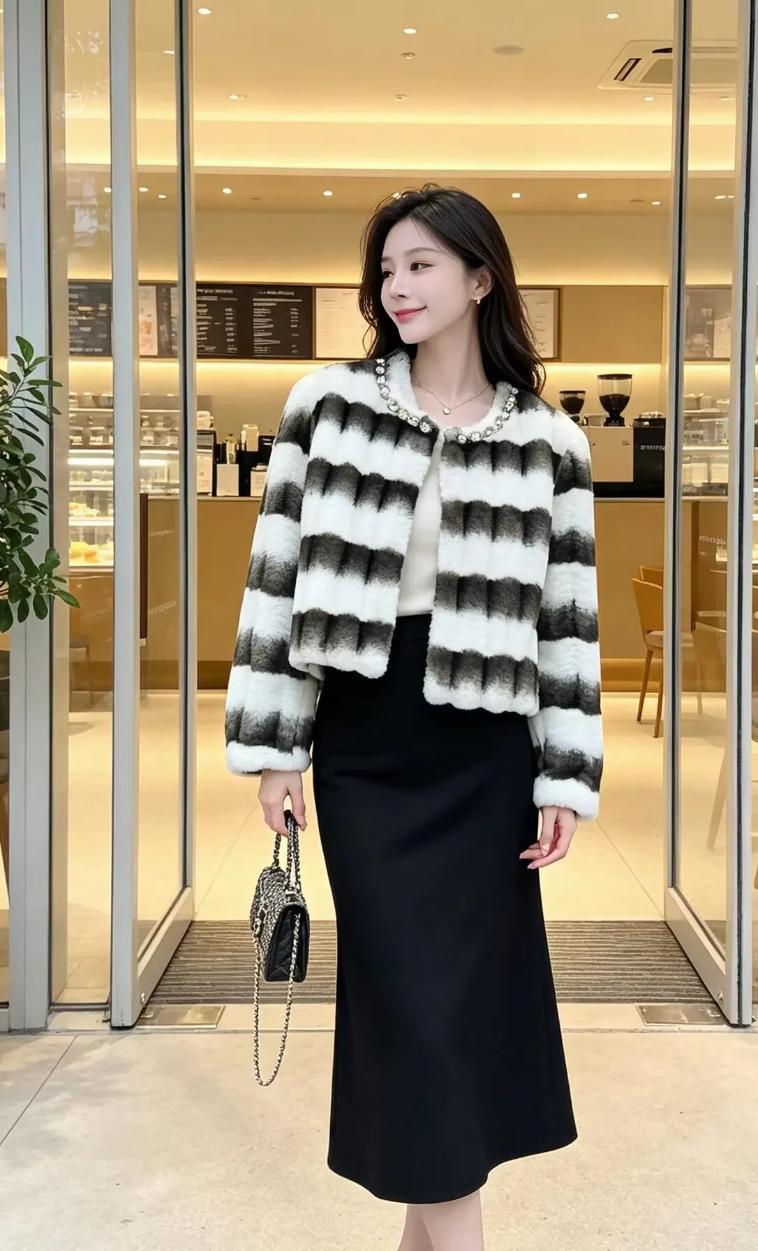 SMTHMA Faux Fur Coat Women Jacket Luxury Diamond O-Neck Coat Women Winter Soft Jacket Thick Warm Furry Fur Outwear Faux Fur Coat