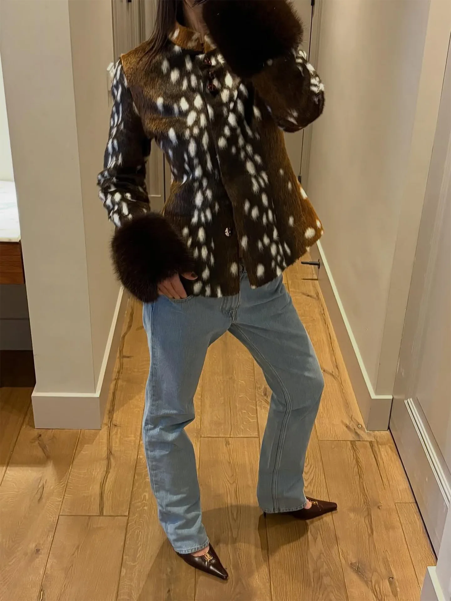 Women Faux Fur Coats Leopard Print Fur Jackets Cotton Linen Stand Collar Long Sleeves Single Breasted Slim Casual 2026 Winter