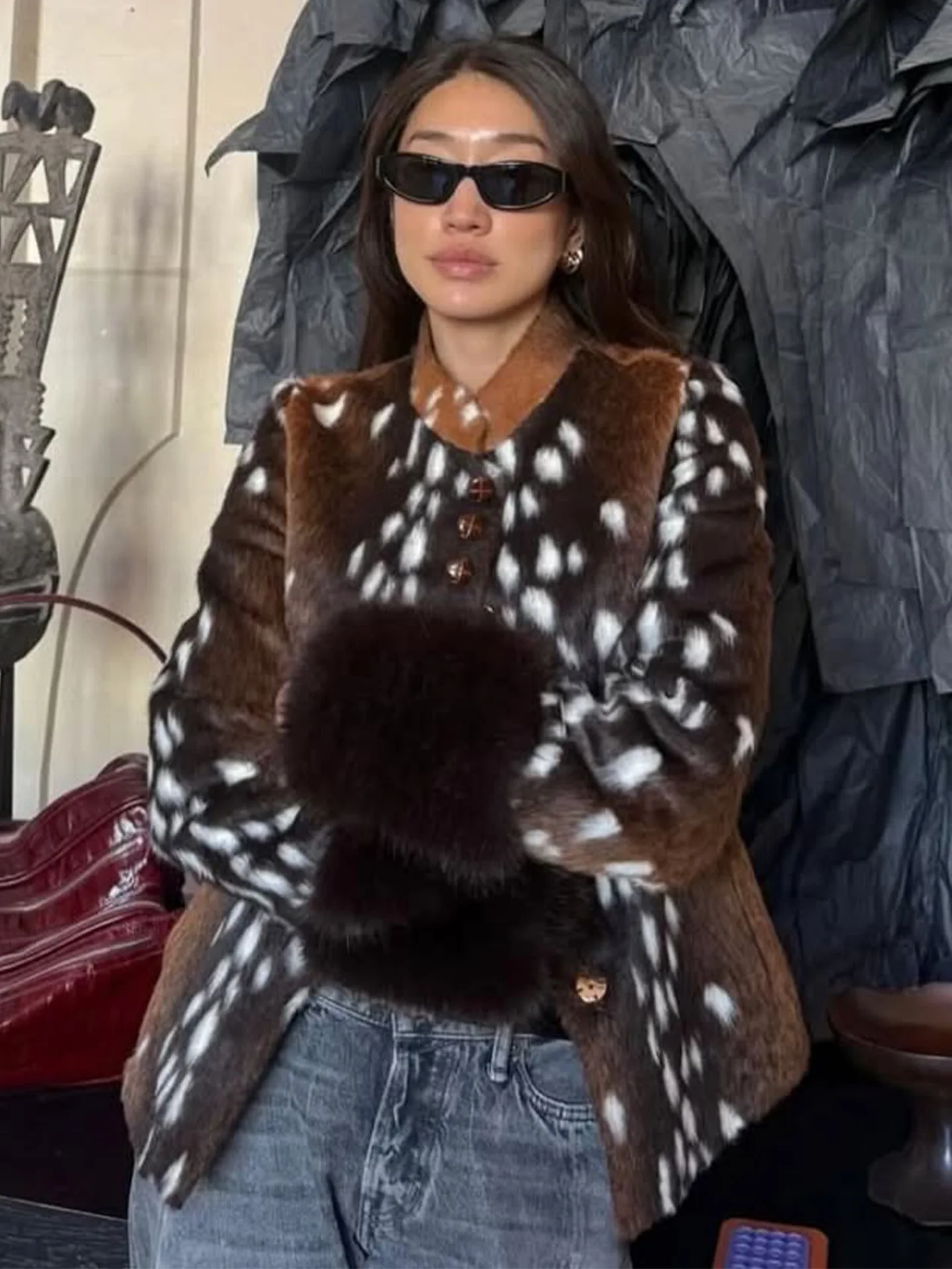 Women Faux Fur Coats Leopard Print Fur Jackets Cotton Linen Stand Collar Long Sleeves Single Breasted Slim Casual 2026 Winter