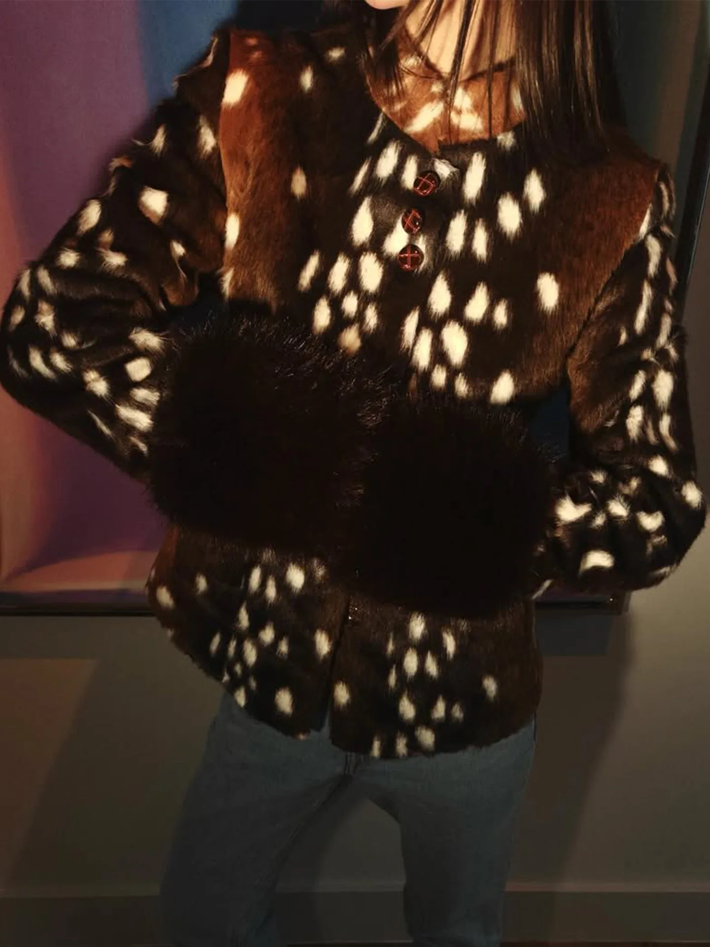 Women Faux Fur Coats Leopard Print Fur Jackets Cotton Linen Stand Collar Long Sleeves Single Breasted Slim Casual 2026 Winter