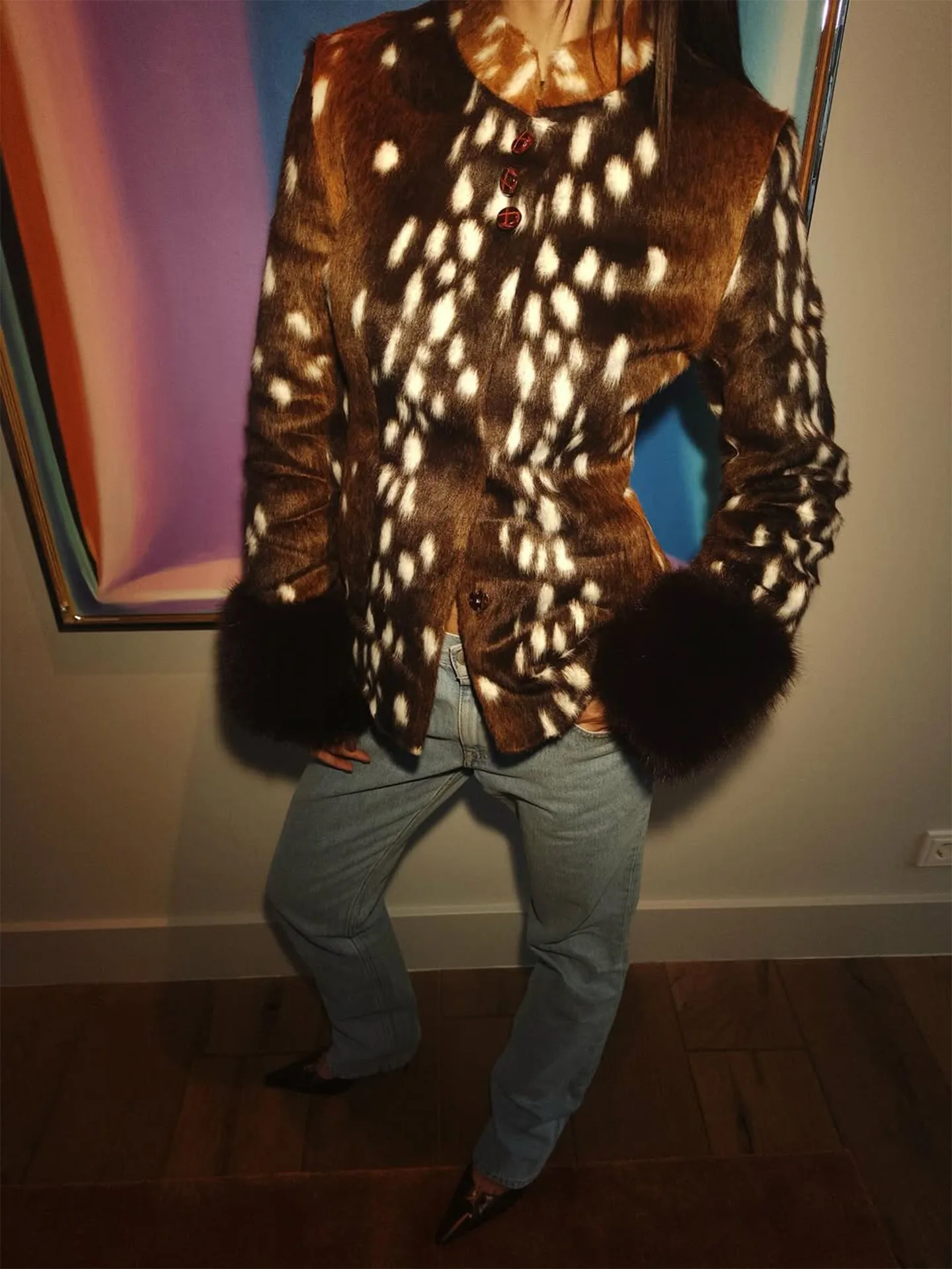 Women Faux Fur Coats Leopard Print Fur Jackets Cotton Linen Stand Collar Long Sleeves Single Breasted Slim Casual 2026 Winter