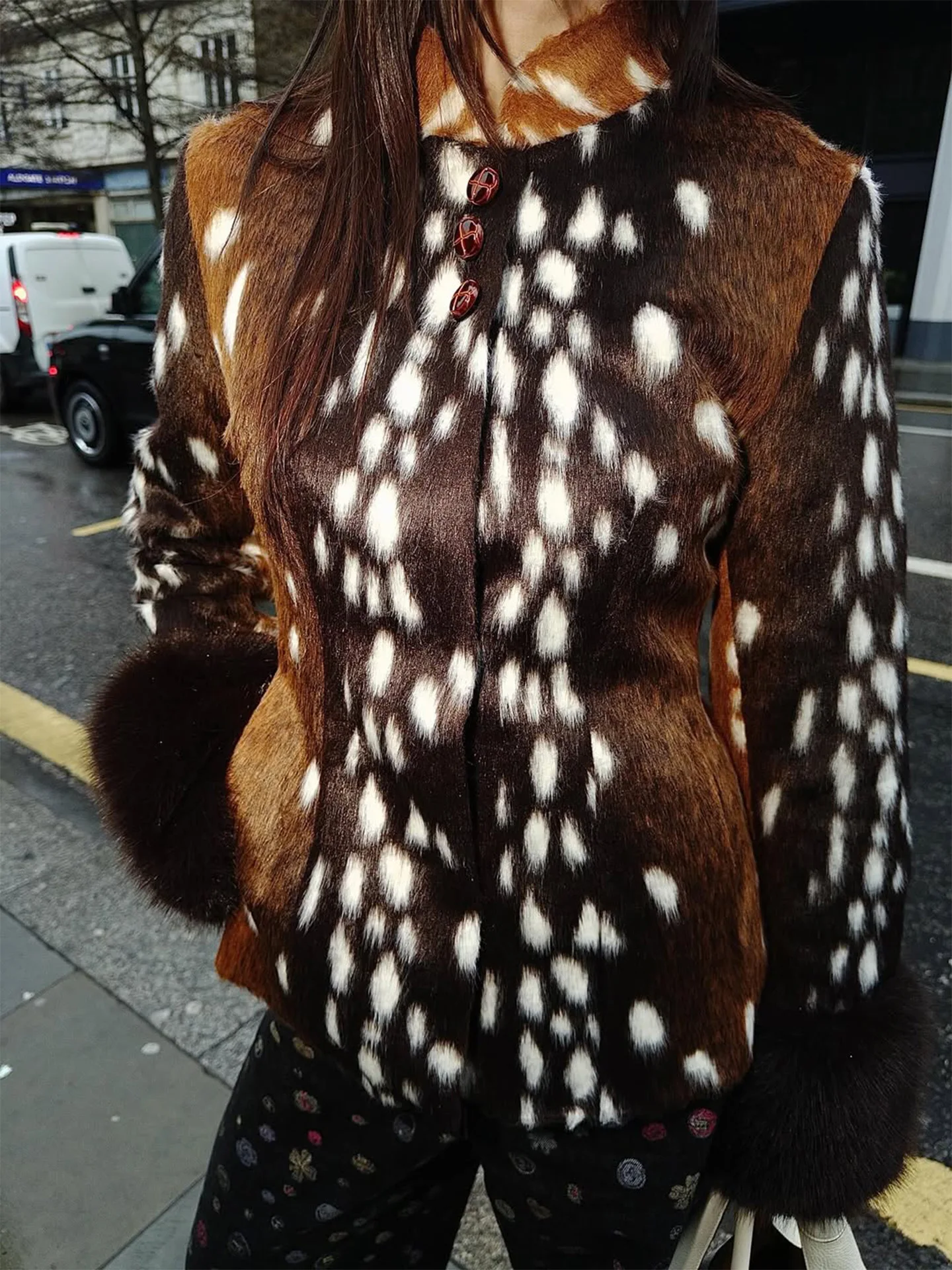 Women Faux Fur Coats Leopard Print Fur Jackets Cotton Linen Stand Collar Long Sleeves Single Breasted Slim Casual 2026 Winter