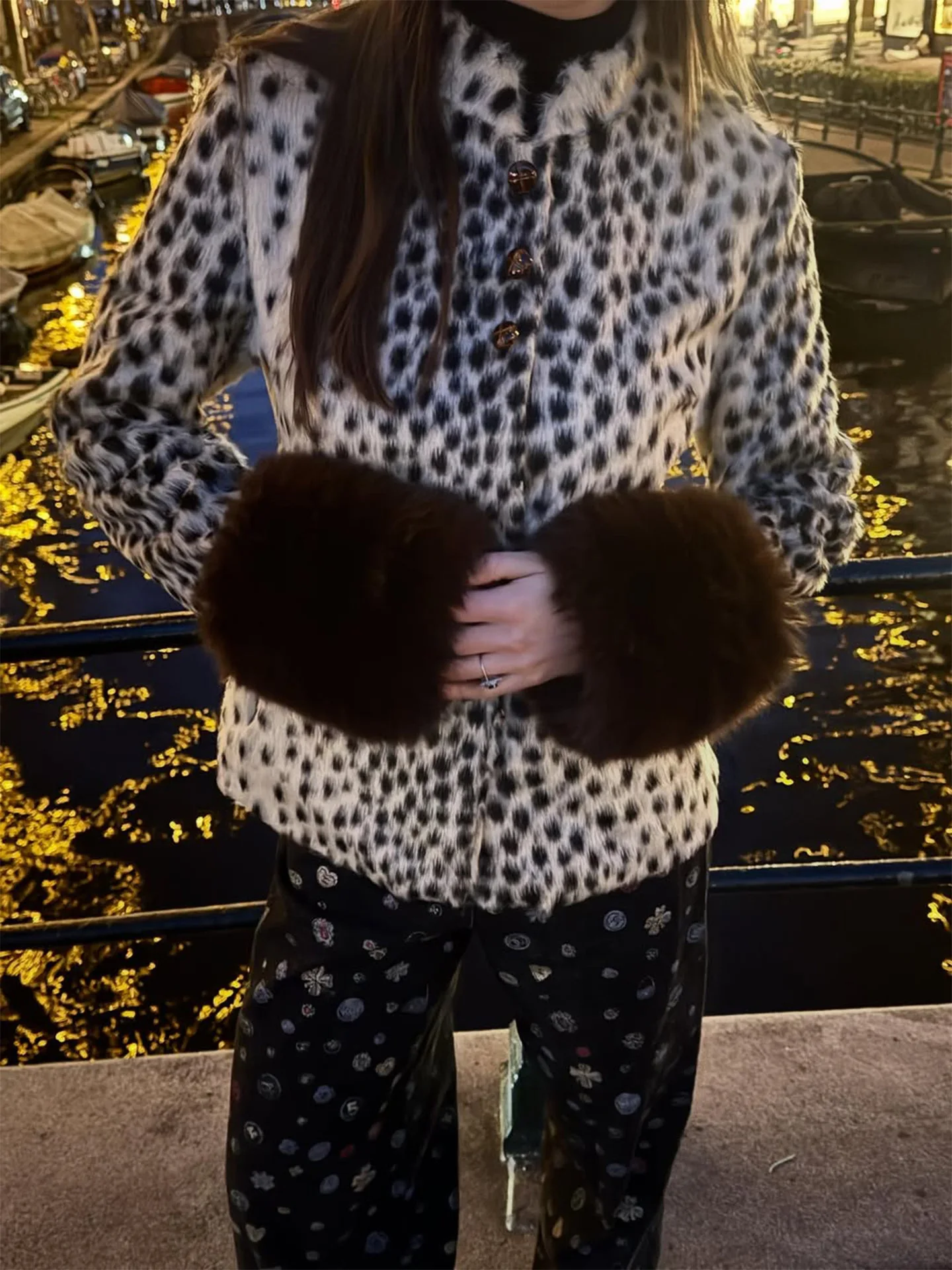 Women Faux Fur Coats Leopard Print Fur Jackets Cotton Linen Stand Collar Long Sleeves Single Breasted Slim Casual 2026 Winter