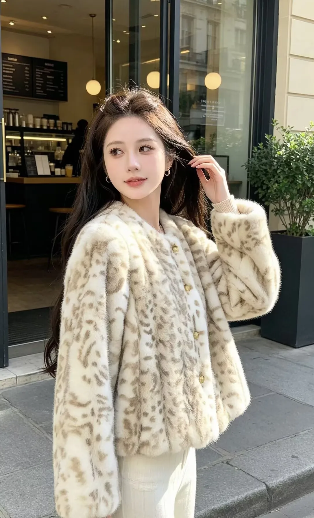 SMTHMA Women Faux Fur Coats Leopard Print Full Sleeve O-Neck Coat Thick Warm Y2k Streetwear Elegant Splice Autumn Winter Jacket