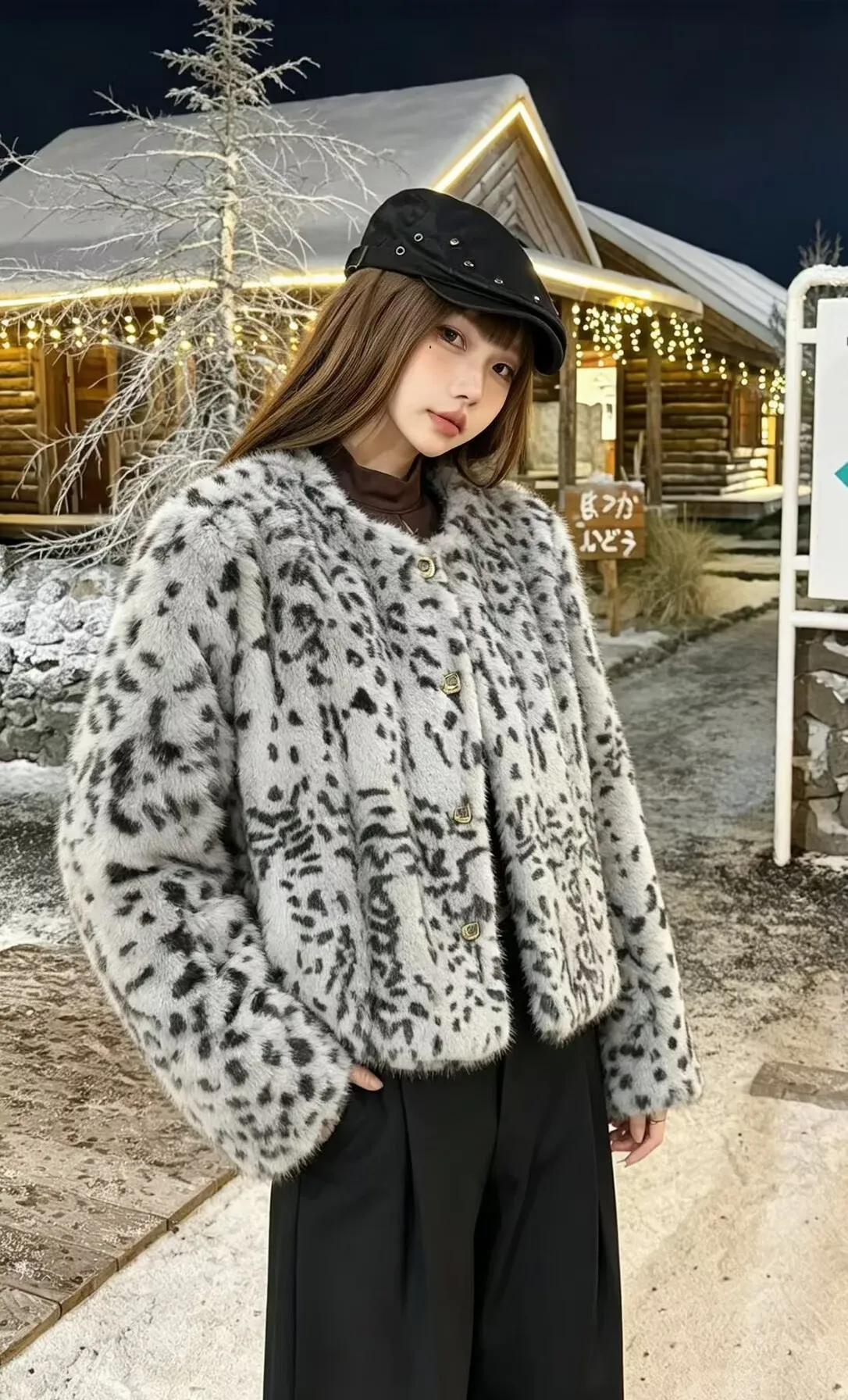 SMTHMA Women Faux Fur Coats Leopard Print Full Sleeve O-Neck Coat Thick Warm Y2k Streetwear Elegant Splice Autumn Winter Jacket