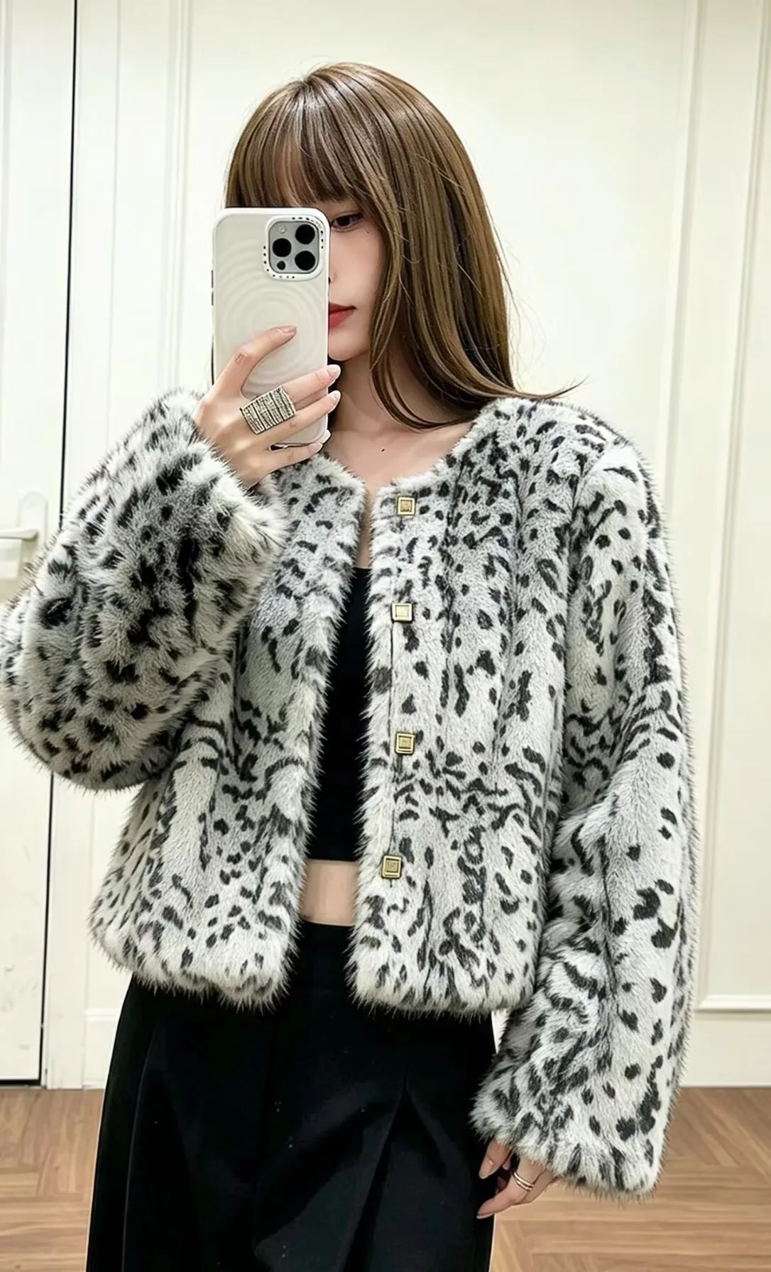 SMTHMA Women Faux Fur Coats Leopard Print Full Sleeve O-Neck Coat Thick Warm Y2k Streetwear Elegant Splice Autumn Winter Jacket