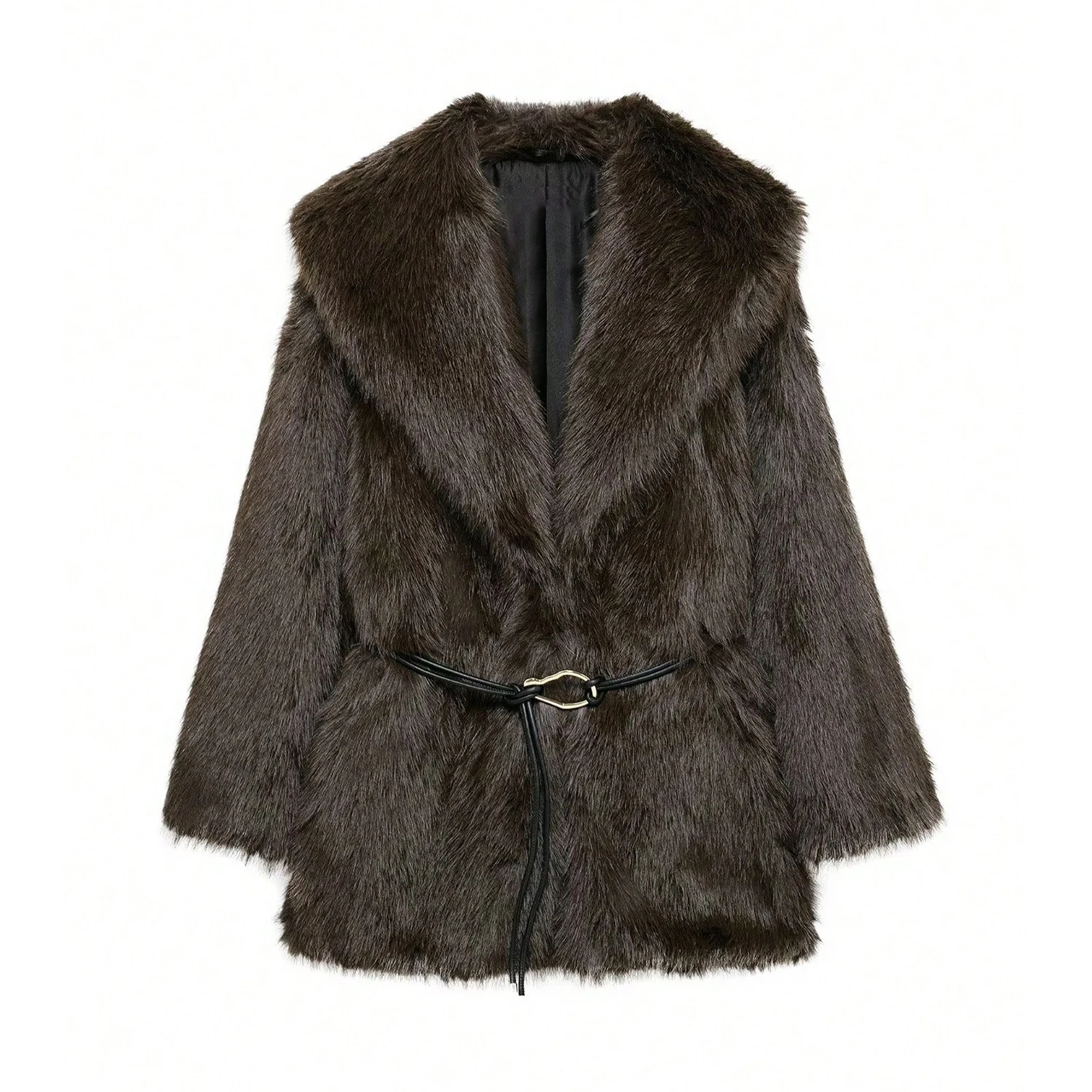 HH Women Elegant Luxurious Faux Fur Coat Retro Coffee Brown Lapel Mid Length Metal Buckle Outerwear Autumn Winter Office Wear