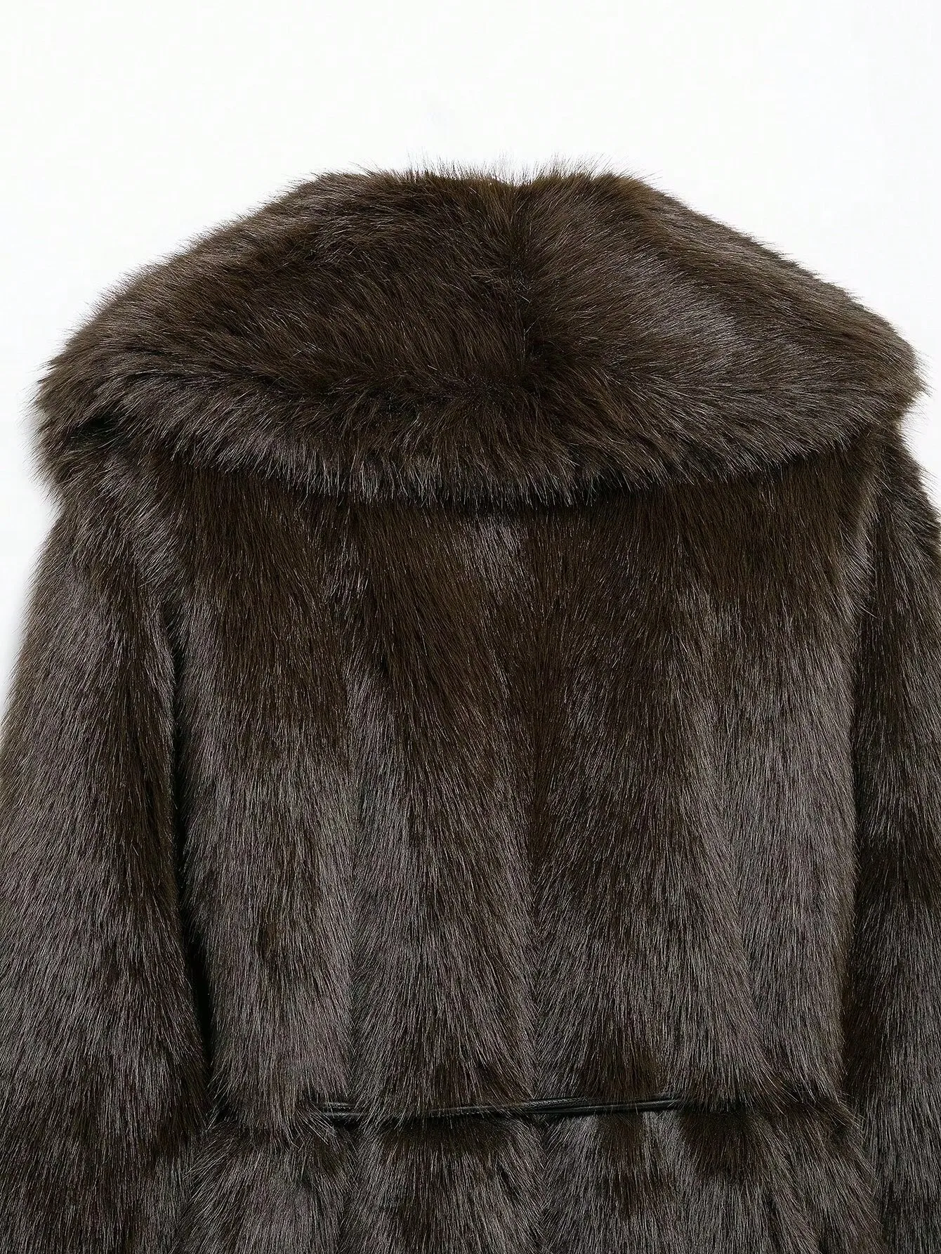 HH Women Elegant Luxurious Faux Fur Coat Retro Coffee Brown Lapel Mid Length Metal Buckle Outerwear Autumn Winter Office Wear