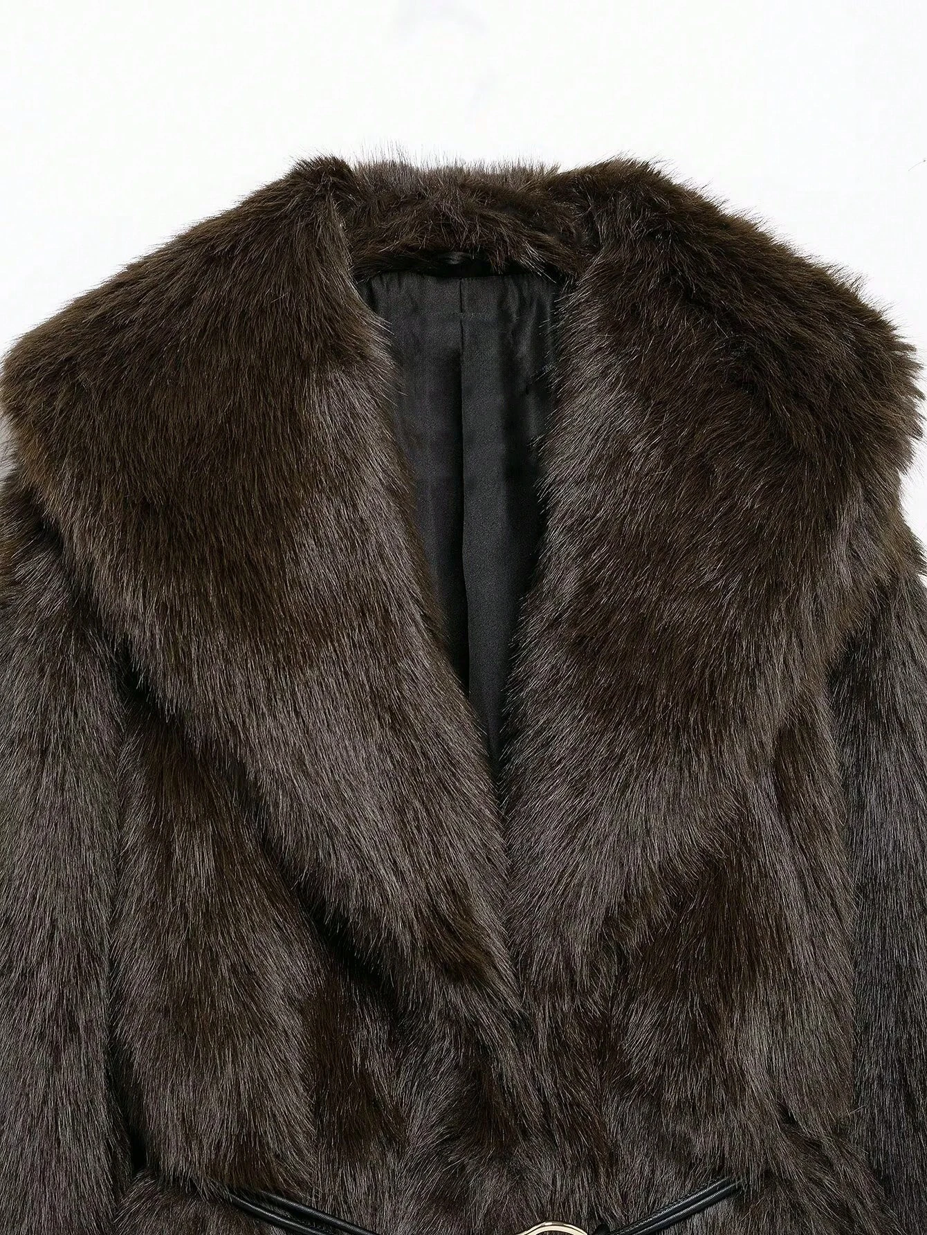 HH Women Elegant Luxurious Faux Fur Coat Retro Coffee Brown Lapel Mid Length Metal Buckle Outerwear Autumn Winter Office Wear