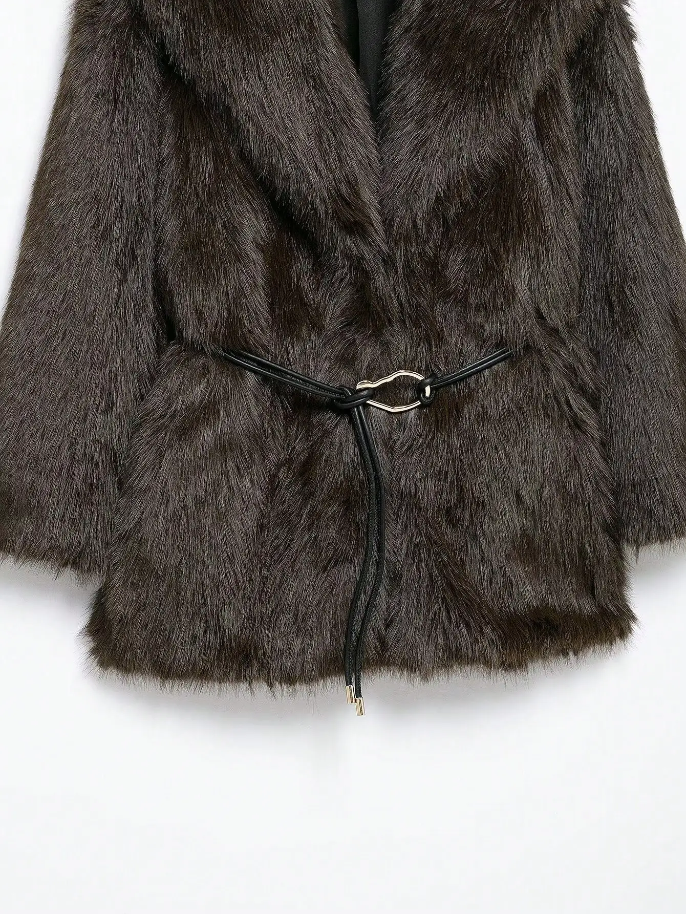 HH Women Elegant Luxurious Faux Fur Coat Retro Coffee Brown Lapel Mid Length Metal Buckle Outerwear Autumn Winter Office Wear