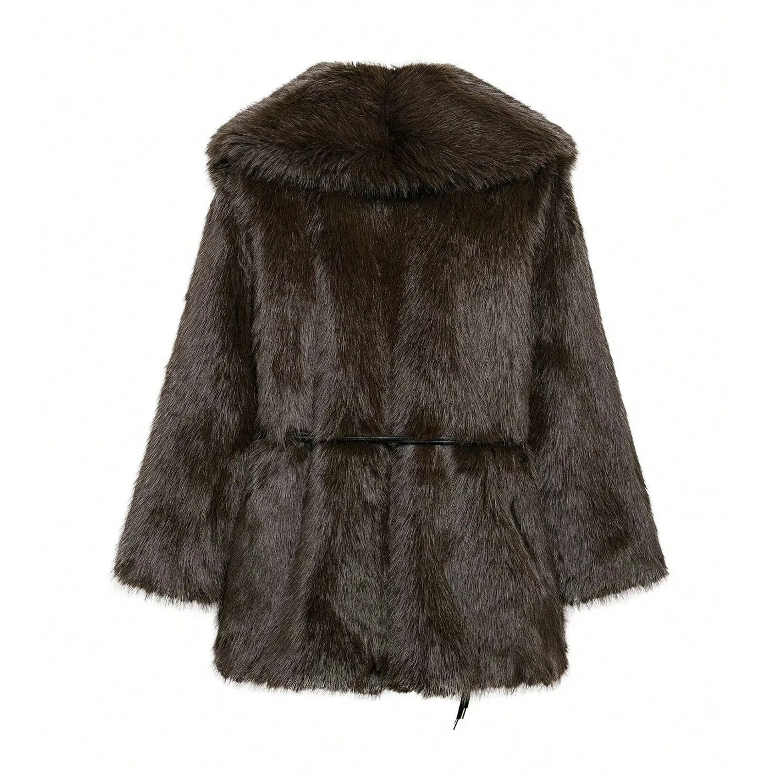 HH Women Elegant Luxurious Faux Fur Coat Retro Coffee Brown Lapel Mid Length Metal Buckle Outerwear Autumn Winter Office Wear