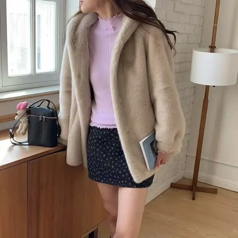 New Imitation Mink Fur Coat 2027 Fashion Women Warm Hooded Overcoat Style Fur Coats Female Artificial Apricot Black Outerwear
