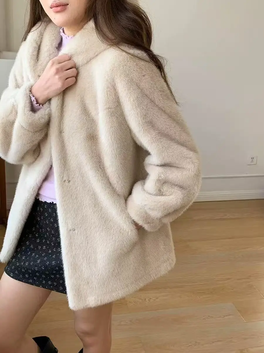 New Imitation Mink Fur Coat 2027 Fashion Women Warm Hooded Overcoat Style Fur Coats Female Artificial Apricot Black Outerwear