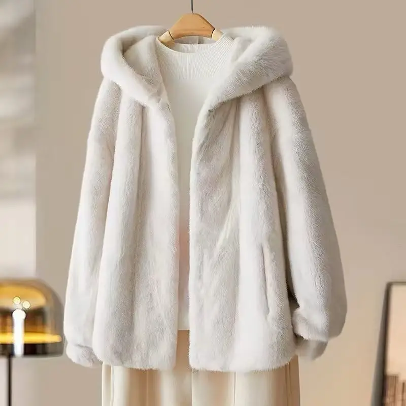 New Imitation Mink Fur Coat 2027 Fashion Women Warm Hooded Overcoat Style Fur Coats Female Artificial Apricot Black Outerwear