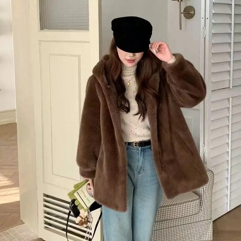 New Imitation Mink Fur Coat 2027 Fashion Women Warm Hooded Overcoat Style Fur Coats Female Artificial Apricot Black Outerwear