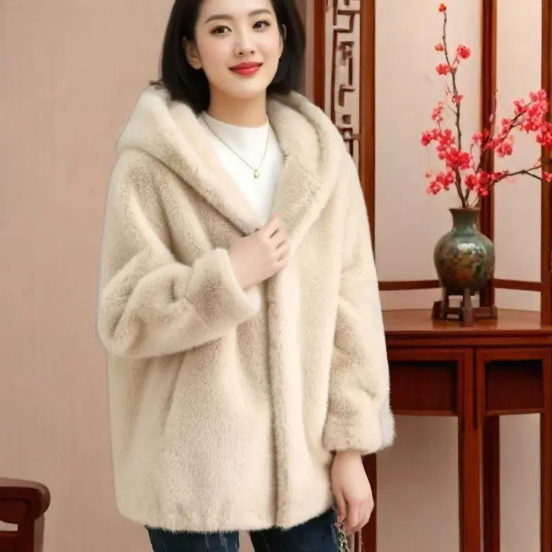 New Imitation Mink Fur Coat 2027 Fashion Women Warm Hooded Overcoat Style Fur Coats Female Artificial Apricot Black Outerwear