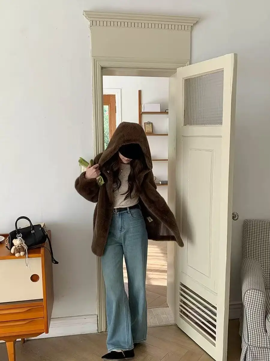 New Imitation Mink Fur Coat 2027 Fashion Women Warm Hooded Overcoat Style Fur Coats Female Artificial Apricot Black Outerwear