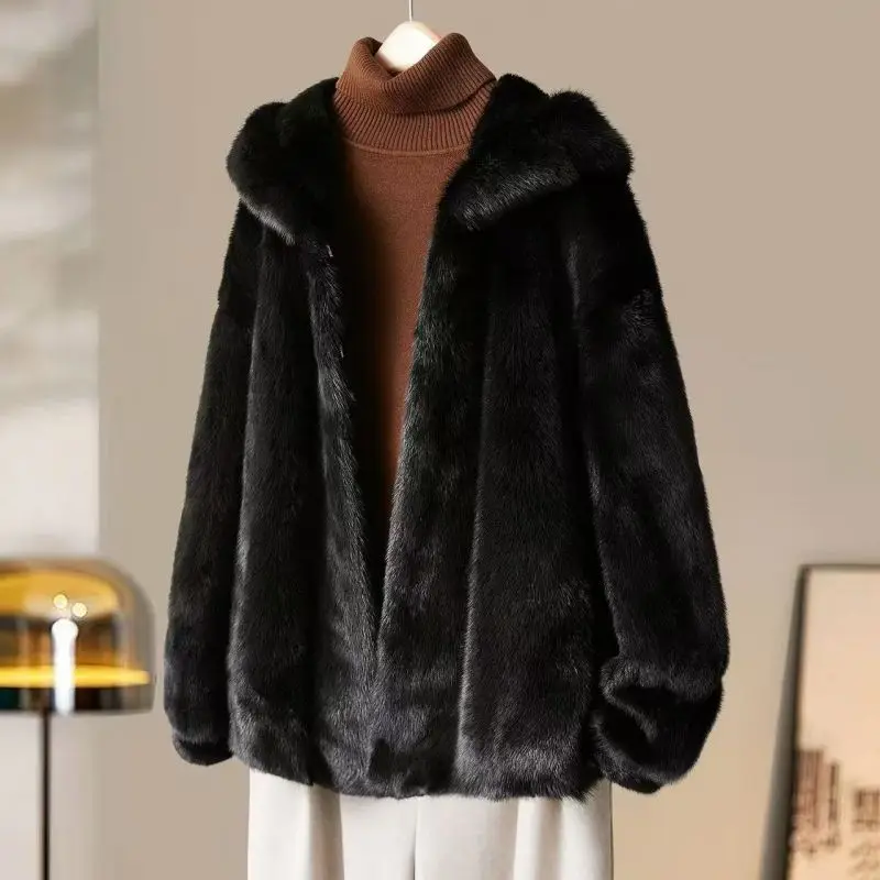 New Imitation Mink Fur Coat 2027 Fashion Women Warm Hooded Overcoat Style Fur Coats Female Artificial Apricot Black Outerwear