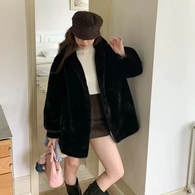 New Imitation Mink Fur Coat 2027 Fashion Women Warm Hooded Overcoat Style Fur Coats Female Artificial Apricot Black Outerwear