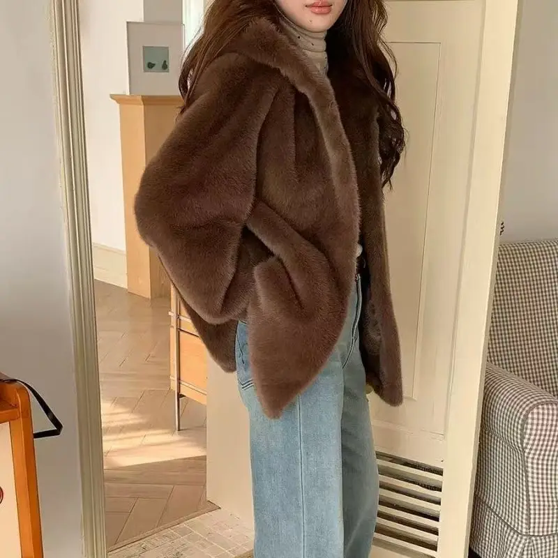 New Imitation Mink Fur Coat 2027 Fashion Women Warm Hooded Overcoat Style Fur Coats Female Artificial Apricot Black Outerwear
