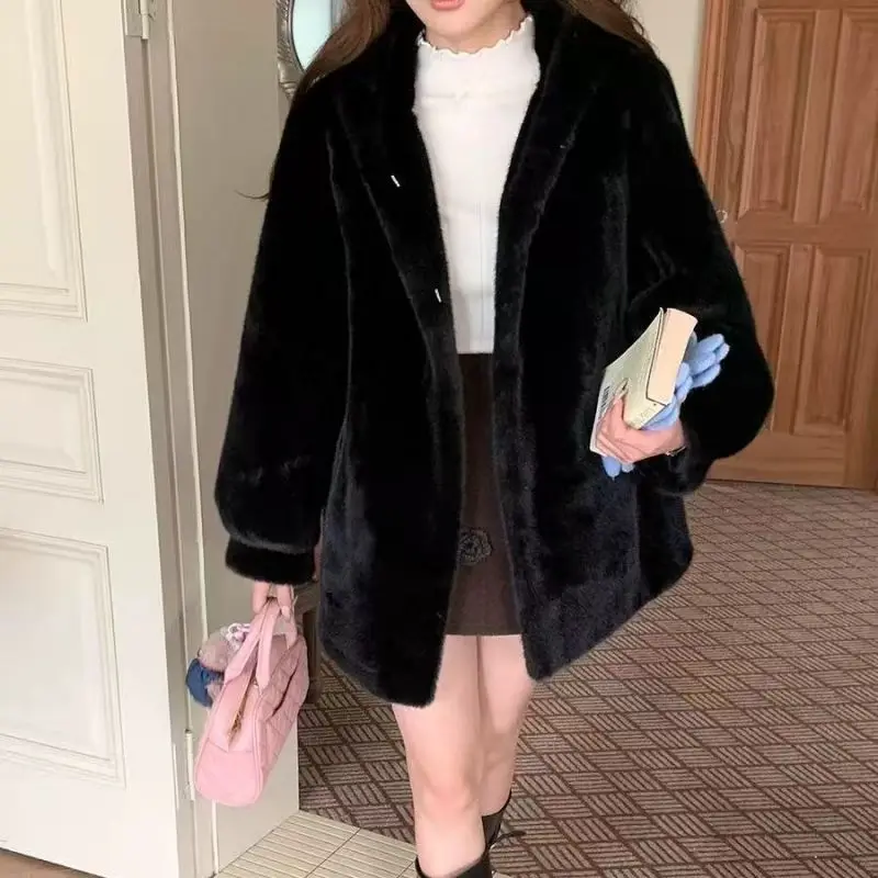 New Imitation Mink Fur Coat 2027 Fashion Women Warm Hooded Overcoat Style Fur Coats Female Artificial Apricot Black Outerwear