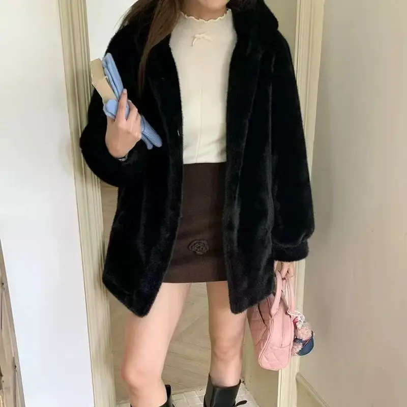 New Imitation Mink Fur Coat 2027 Fashion Women Warm Hooded Overcoat Style Fur Coats Female Artificial Apricot Black Outerwear