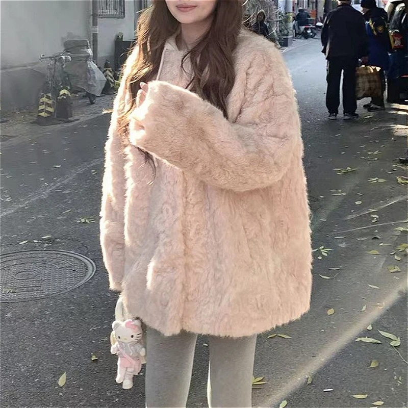 Faux Fur Coats Mid Length Jackets Women Turn Down Collar Coat Thick Warm Y2k Streetwear Jacket Elegant Outerwear Autumn Winter