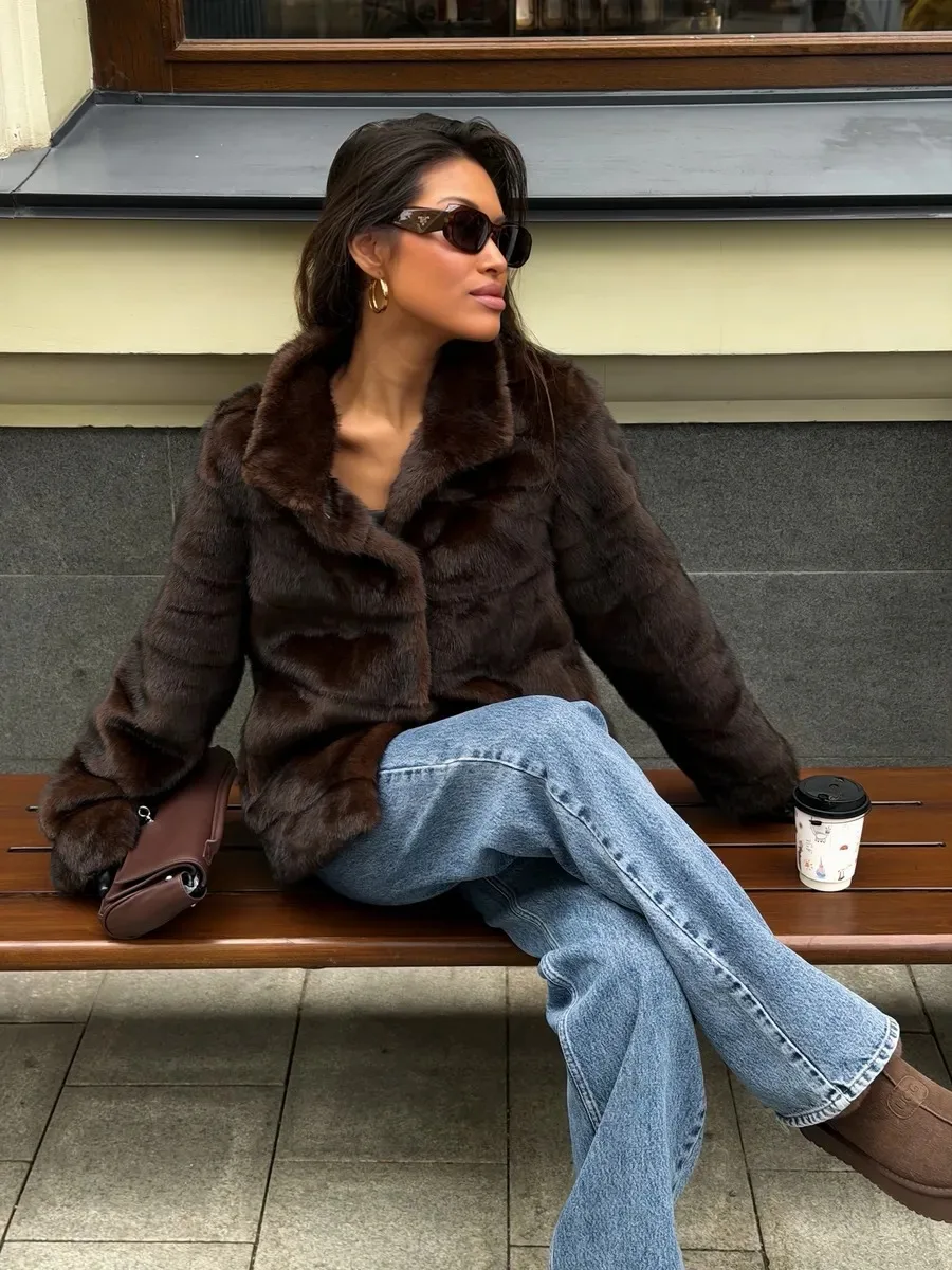 Women's Dark Brown Fluffy Faux Fur Coat Lapel Collar Cropped Paneled Winter Warm Elegant Luxe Chic Outerwear