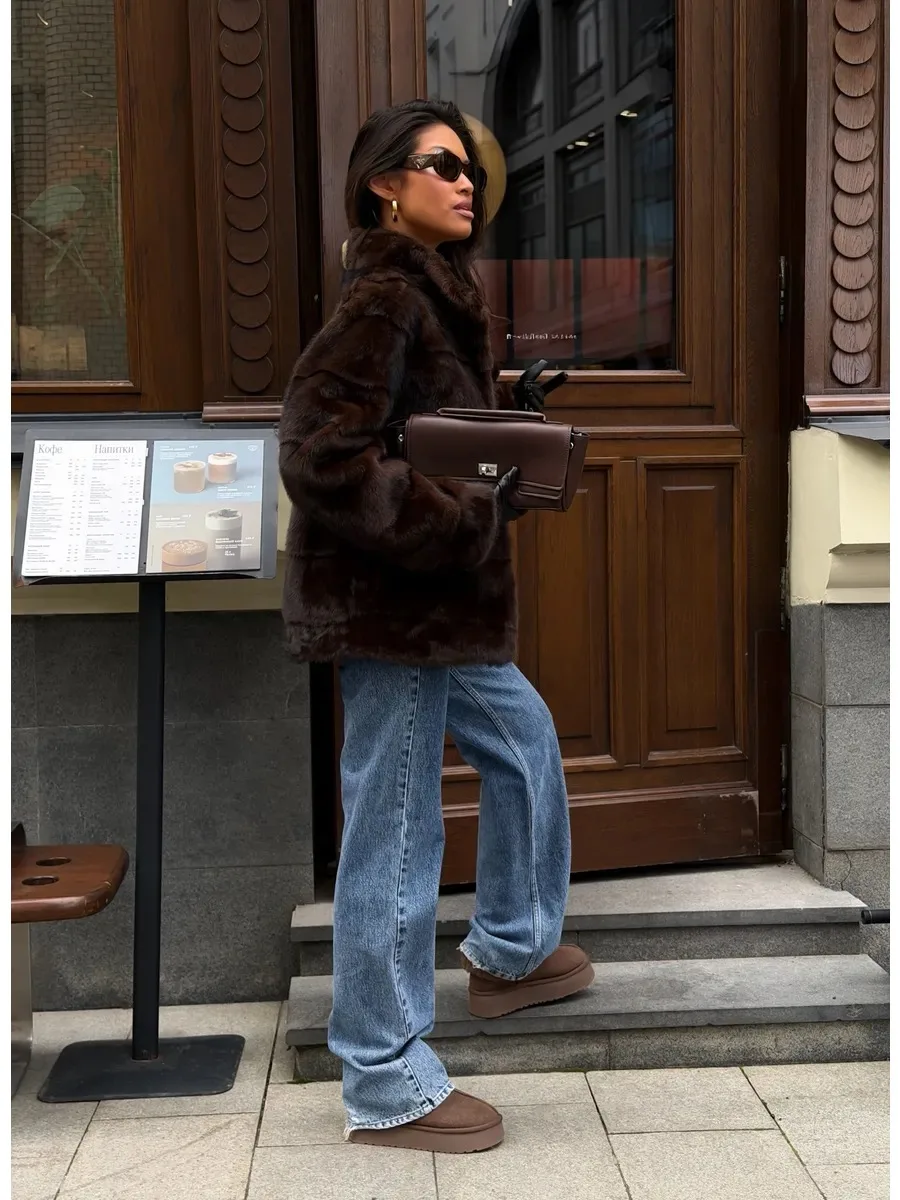 Women's Dark Brown Fluffy Faux Fur Coat Lapel Collar Cropped Paneled Winter Warm Elegant Luxe Chic Outerwear