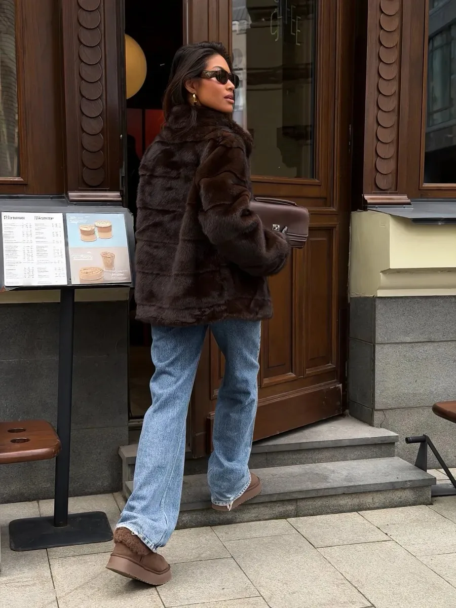 Women's Dark Brown Fluffy Faux Fur Coat Lapel Collar Cropped Paneled Winter Warm Elegant Luxe Chic Outerwear
