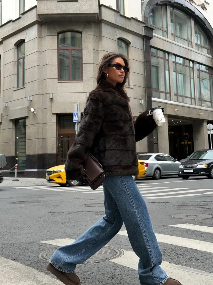 Women's Dark Brown Fluffy Faux Fur Coat Lapel Collar Cropped Paneled Winter Warm Elegant Luxe Chic Outerwear