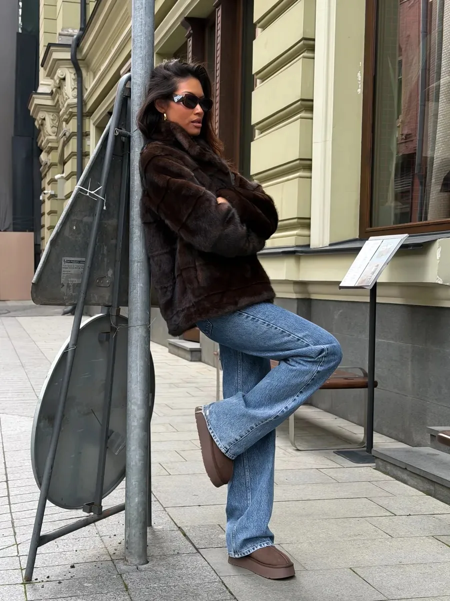 Women's Dark Brown Fluffy Faux Fur Coat Lapel Collar Cropped Paneled Winter Warm Elegant Luxe Chic Outerwear