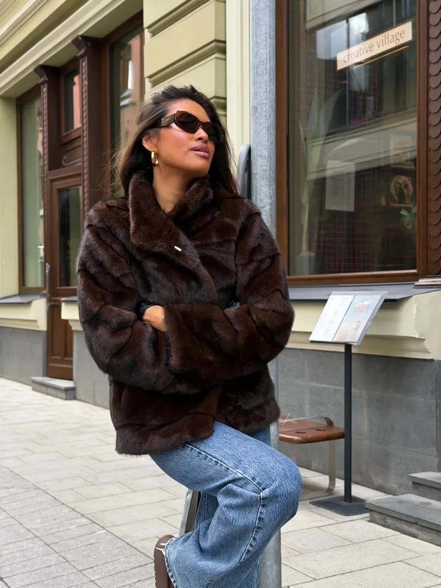 Women's Dark Brown Fluffy Faux Fur Coat Lapel Collar Cropped Paneled Winter Warm Elegant Luxe Chic Outerwear