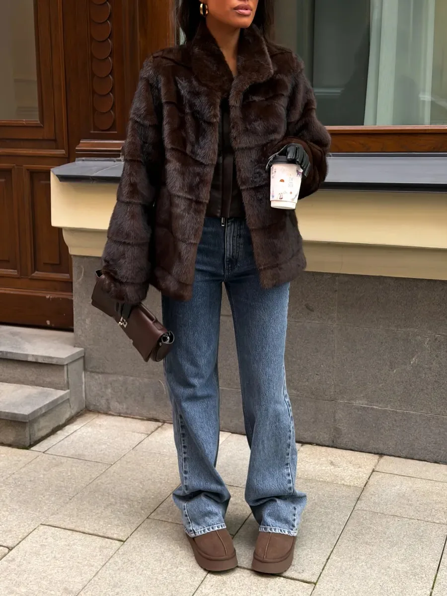 Women's Dark Brown Fluffy Faux Fur Coat Lapel Collar Cropped Paneled Winter Warm Elegant Luxe Chic Outerwear