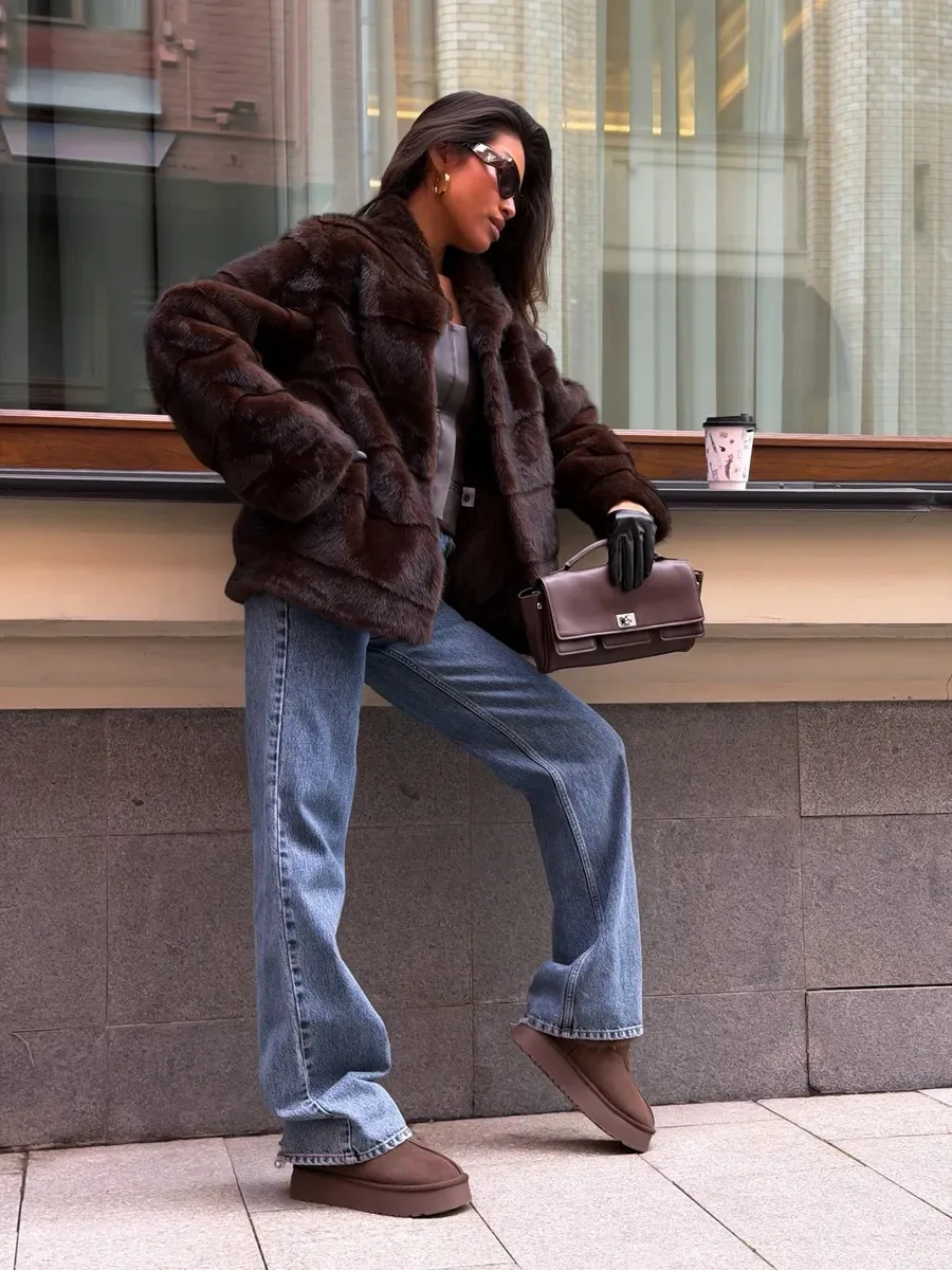 Women's Dark Brown Fluffy Faux Fur Coat Lapel Collar Cropped Paneled Winter Warm Elegant Luxe Chic Outerwear