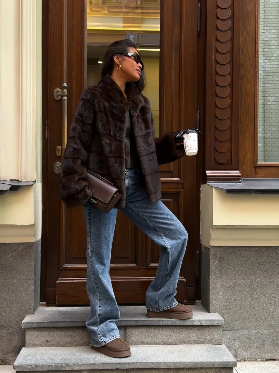 Women's Dark Brown Fluffy Faux Fur Coat Lapel Collar Cropped Paneled Winter Warm Elegant Luxe Chic Outerwear