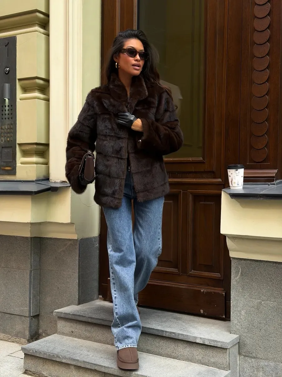 Women's Dark Brown Fluffy Faux Fur Coat Lapel Collar Cropped Paneled Winter Warm Elegant Luxe Chic Outerwear