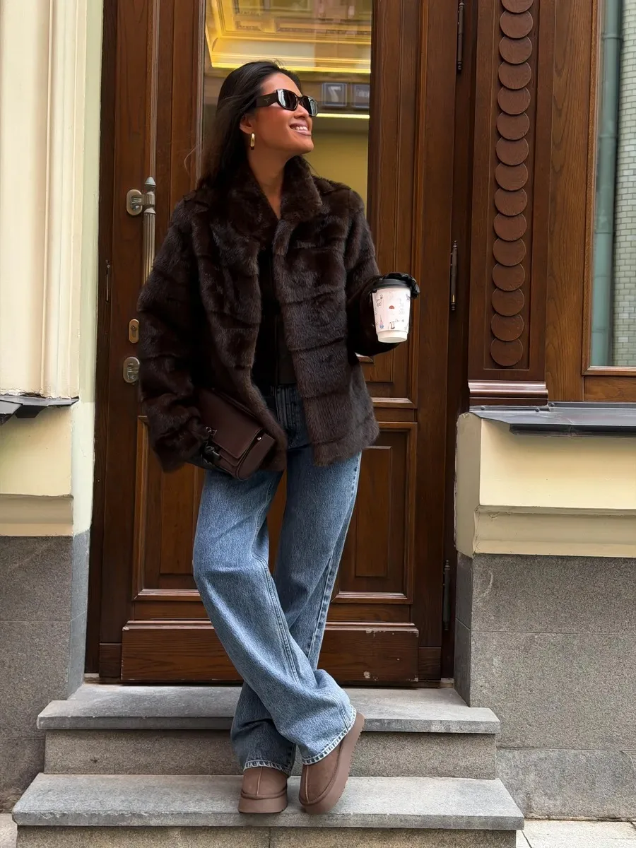 Women's Dark Brown Fluffy Faux Fur Coat Lapel Collar Cropped Paneled Winter Warm Elegant Luxe Chic Outerwear