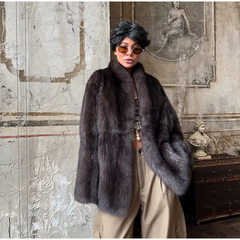 Fashion Fluffy Faux Fur Coat Women Lapel Long Sleeve Loose Pleated Jackets New Winter Warm Female Chic High Street Outerwear