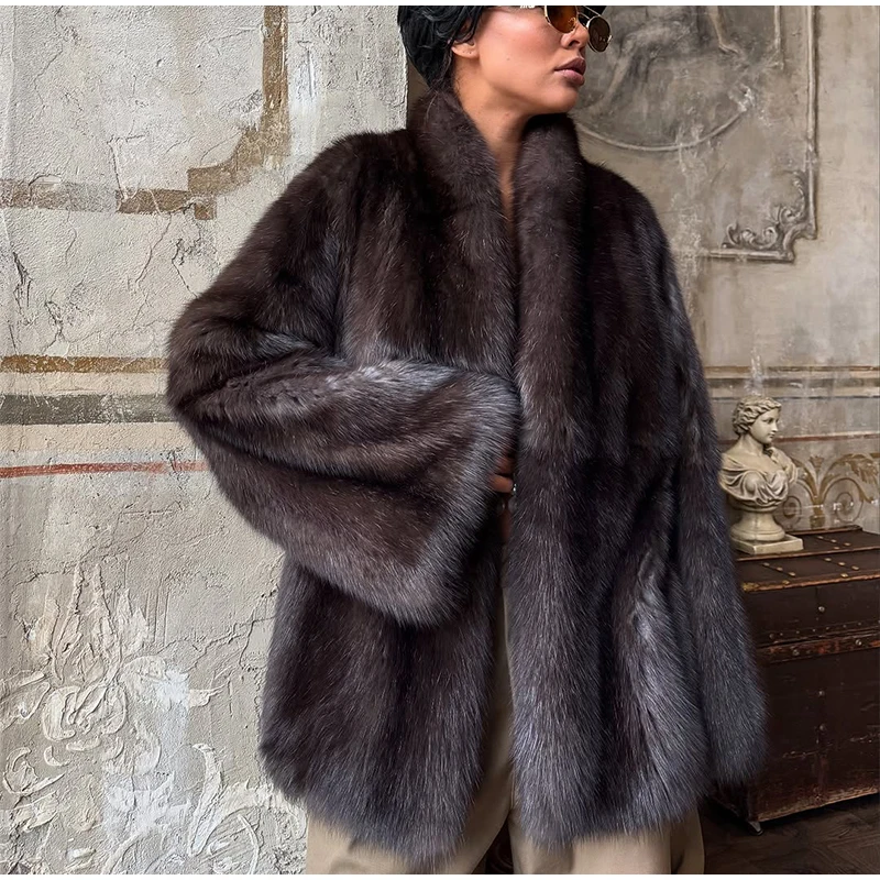 Fashion Fluffy Faux Fur Coat Women Lapel Long Sleeve Loose Pleated Jackets New Winter Warm Female Chic High Street Outerwear