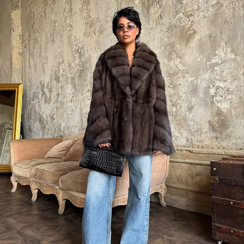 Fashion Fluffy Faux Fur Coat Women Lapel Long Sleeve Loose Pleated Jackets New Winter Warm Female Chic High Street Outerwear