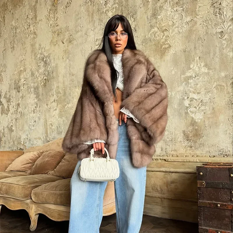 Fashion Fluffy Faux Fur Coat Women Lapel Long Sleeve Loose Pleated Jackets New Winter Warm Female Chic High Street Outerwear