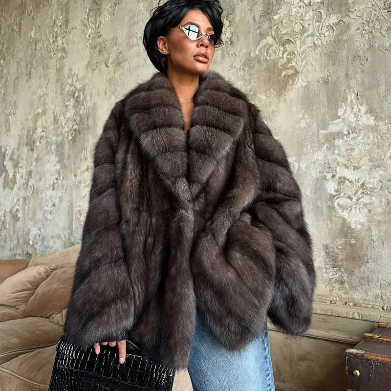 Fashion Fluffy Faux Fur Coat Women Lapel Long Sleeve Loose Pleated Jackets New Winter Warm Female Chic High Street Outerwear