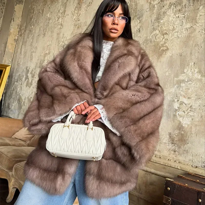 Fashion Fluffy Faux Fur Coat Women Lapel Long Sleeve Loose Pleated Jackets New Winter Warm Female Chic High Street Outerwear