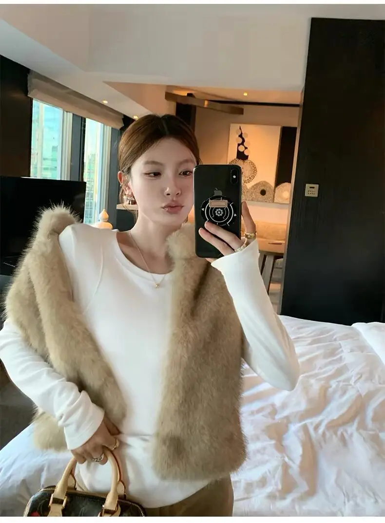 Women Faux Fur Short Coats Jackets Stand Collar Sleeveless Coat Thick Warm Y2k Streetwear Jacket Elegant Outerwear Autumn Winter