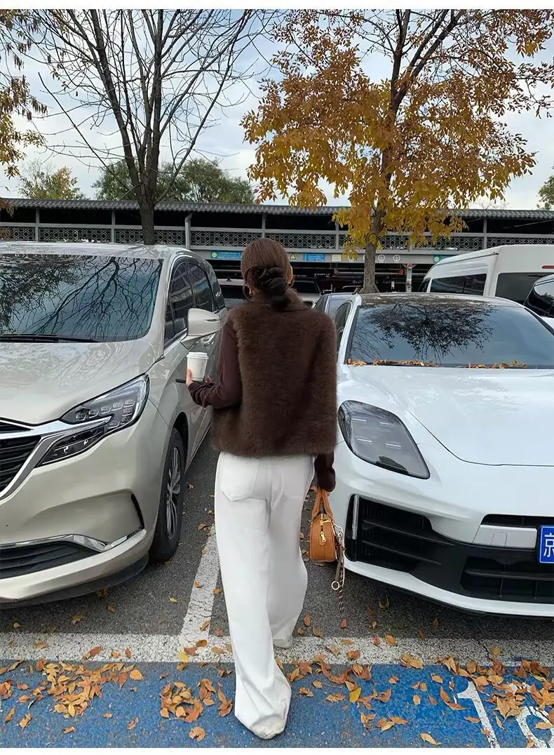 Women Faux Fur Short Coats Jackets Stand Collar Sleeveless Coat Thick Warm Y2k Streetwear Jacket Elegant Outerwear Autumn Winter