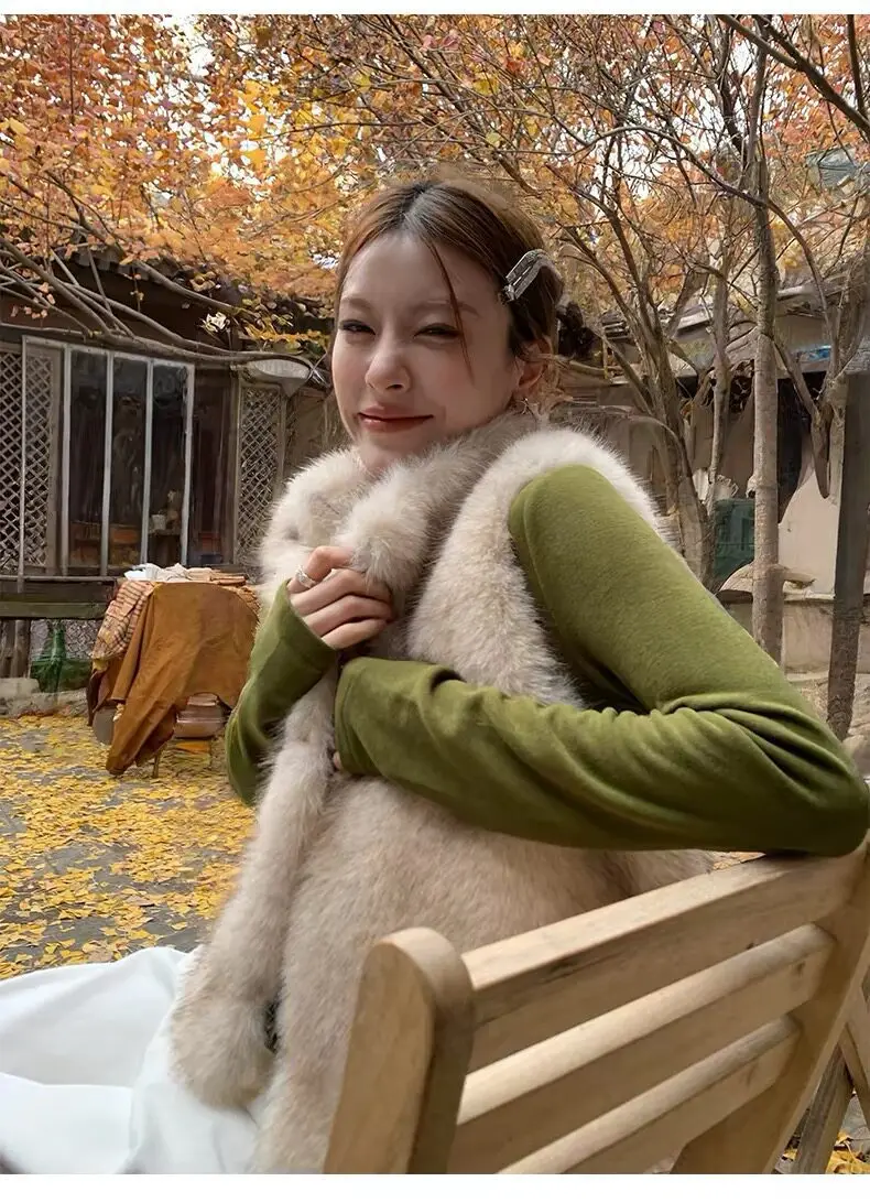 Women Faux Fur Short Coats Jackets Stand Collar Sleeveless Coat Thick Warm Y2k Streetwear Jacket Elegant Outerwear Autumn Winter