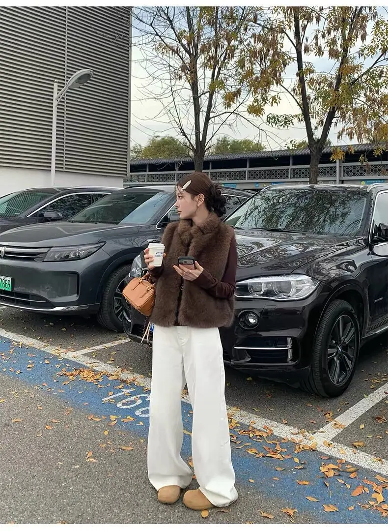 Women Faux Fur Short Coats Jackets Stand Collar Sleeveless Coat Thick Warm Y2k Streetwear Jacket Elegant Outerwear Autumn Winter